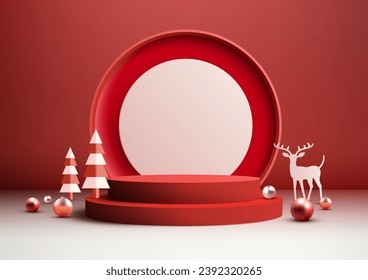 Christmas festive 3D realistic red podium decoration with shiny balls, pine tree, and reindeer on a white floor and red wall background is perfect for product display, mockups. Vector illustration