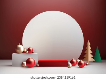 Festividad de Navidad 3D realistas decoración de podio de color blanco y rojo con oro y pino verde y muchas bolas sobre el fondo de la pared roja. concepto de vacaciones de Navidad. Ilustración del vector