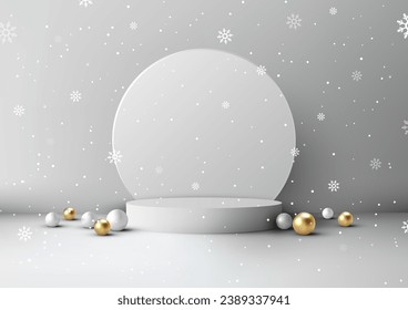 Christmas festive 3D realistic white color podium decoration with gold and white many balls on white wall background. Christmas holiday concept product display, mockup, showroom. Vector illustration