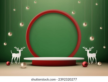 La festiva decoración 3D realista de podio blanco y rojo con bolas brillantes, pino y reno en el suelo y fondo verde de la pared es perfecta para la visualización de productos. Ilustración del vector