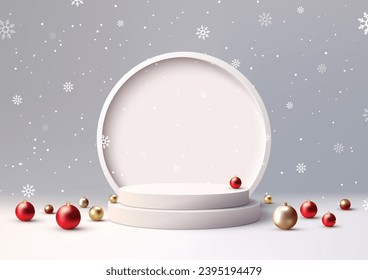 Christmas festive 3D realistic white color podium decoration with gold and red many balls on white wall background. Christmas holiday concept product display, mockup, showroom. Vector illustration