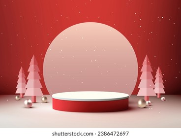 Decoración de podio 3D rojo y blanco festiva de Navidad con fondo de círculo y árbol de pino para la presentación de productos nevada y suelo blanco y fondo de pared roja. Navidad. Ilustración del vector