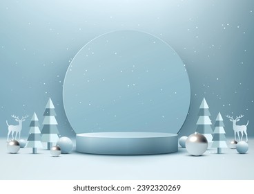 Christmas festive 3D soft blue podium decoration with circle backdrop and pine tree, balls, reindeer for product display with snowfall and white floor wall background. Vector illustration