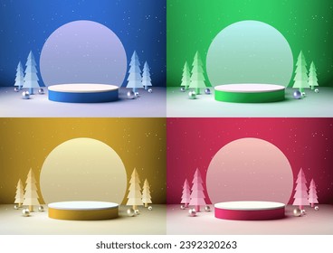 Christmas festive 3D vibrant color and white podium decoration with circle backdrop and pine tree for product display with snowfall and white floor and wall background. Vector illustration