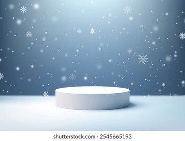 El podio blanco 3D festivo de las Navidades se asienta sobre una superficie limpia con un fondo azul claro con los copos de nieve que caen. Pantallas, marcas de temporada, maquetas y escaparates navideños