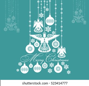 Christmas festive abstract background. Pattern with toys angels and balls. Perfect for banners, posters, invitations and greeting cards for the winter holidays. Vector illustration