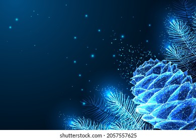 Christmas festive abstract banner template with glowing fir tree branches, pine cones, stars and copy space on dark blue background. Modern design vector illustration.