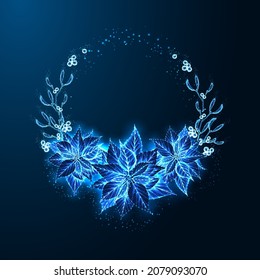 Christmas festive abstract wreath with glowing poinsettia and mistletoe botanicals on dark blue