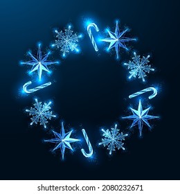 Christmas festive abstract wreath with glowing snowflakes, stars and candy canes on dark blue