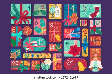 Christmas festive advent calendar flat vector illustration. New Year gift boxes top view set