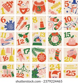 Christmas festive advent calendar with hand-drawn illustrations in linocut style.

