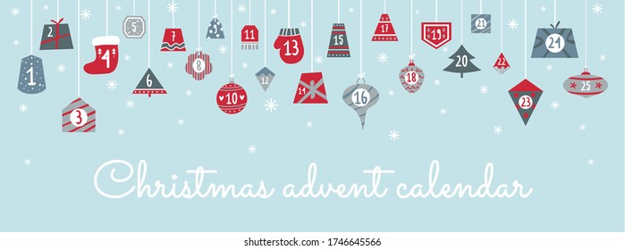 Christmas festive advent calendar with numbers vector illustration. Handwritten lettering flat style. Winter decoration and holiday concept. Isolated on blue background
