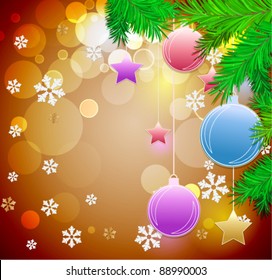 Christmas festive background with balls  christmas tree and stars