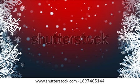 Christmas Festive Background. Falling snowflakes. Merry Christmas and Happy New Year. Colored. Winter Holidays Set Realistic gifts. Vector Illustration