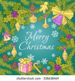 Christmas festive background fluffy branches with ornaments, Christmas decorations and greeting inscription as a card for the holidays