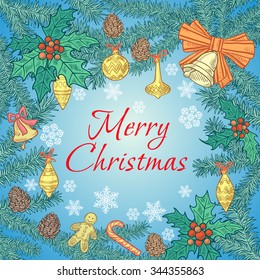 Christmas festive background fluffy branches with ornaments, Christmas decorations and greeting inscription as a card for the holidays
