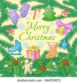 Christmas festive background fluffy branches with ornaments, Christmas decorations and greeting inscription as a card for the holidays