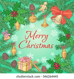 Christmas festive background fluffy branches with ornaments, Christmas decorations and greeting inscription as a card for the holidays