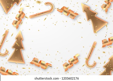 Christmas festive background with golden metallic xmas decorative elements and confetty. Shining serpentine, fir tree and candy realistic 3d decorations. Isolated on white
