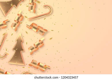 Christmas festive background with golden metallic xmas decorative elements. Shining serpentine, fir tree and candy realistic 3d decorations. Pastel colored background