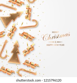 Christmas festive background with golden metallic xmas decorative elements and confetty. Shining serpentine, fir tree and candy realistic 3d decorations. Isolated on white