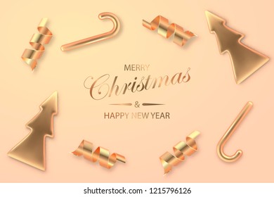 Christmas festive background with golden metallic xmas decorative elements. Shining serpentine, fir tree and candy realistic 3d decorations. Pastel colored background