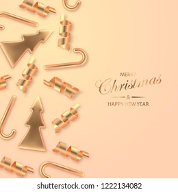 Christmas festive background with golden metallic xmas decorative elements. Shining serpentine, fir tree and candy realistic 3d decorations. Pastel colored background