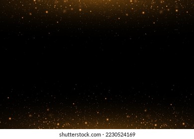 Christmas festive background of light confetti and small shining golden lights on a black background. Shiny golden texture. Christmas effect for luxury greeting card.