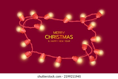 Christmas festive background with light garland. Realistic 3D lighting garland as frame. Light bulbs glowing on the red backdrop