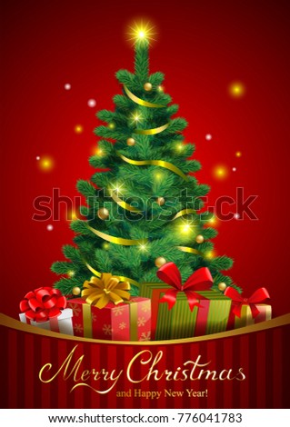 Christmas festive background with pine tree and gifts in traditional style.