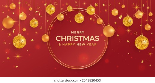 Christmas Festive Background. Red and gold Christmas banner with festive gold Christmas balls top frame, confetti and sparkling lights. Realistic Christmas background