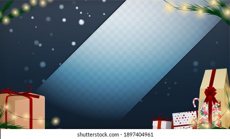 Christmas Festive Background. Sale. Gifts on a transparent background Emplate for photo, portrait, album. Merry Christmas and Happy New Year. Colored. Winter Holidays Set Realistic gifts. Vector 