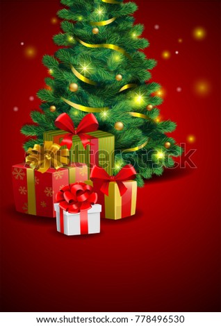 Christmas festive backgroung with gift beside a Christmas tree, illustration in traditional style.