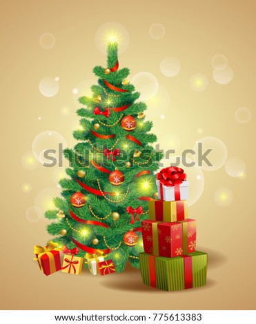 Christmas festive backgroung with pine tree and gifts in traditional style.