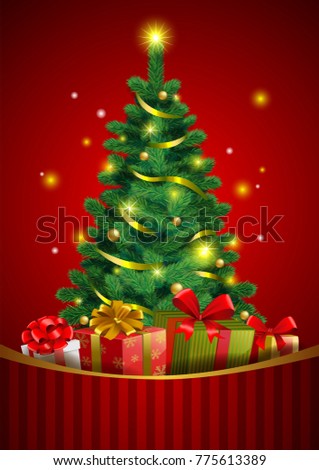 Christmas festive backgroung with pine tree and gifts in traditional style.