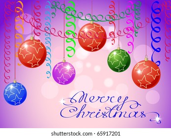 Christmas festive balls and serpentine on a lilac background. Christmas greeting card. Christmas background with balls.