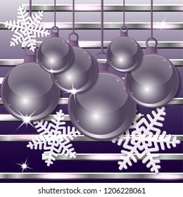Christmas festive balls with snowflakes on striped background. Seamless horizontally.