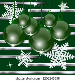 Christmas festive balls with snowflakes on a horizontal striped background. Vector illustration.