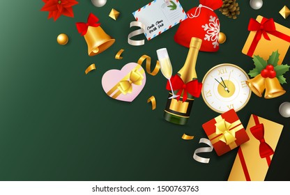 Christmas festive banner with fest symbols on green background. Decorative design can be used for invitations, post cards, announcements