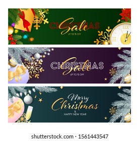 Christmas festive banner with special offer. Holiday concept. Style design background. Lettering with decorations can be used for invitations, signs, announcements