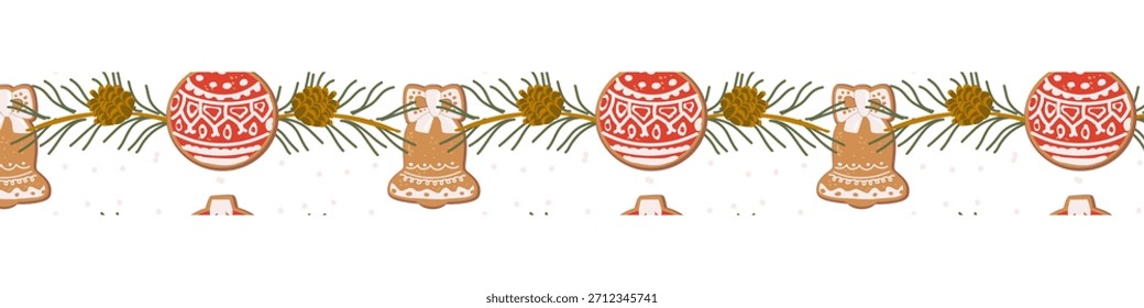 Christmas festive border pattern with xmas cookies and winter plants. Cartoon flat illustration of gingerbread cookies and pine branches.