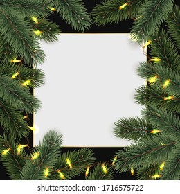 Christmas  Festive border. Realistic pine branch and  space for text. Vector illustration