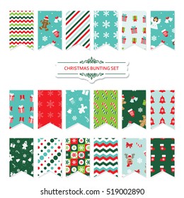 Christmas festive bunting flags set isolated on white. Patterns are full under clipping mask. 