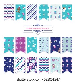 Christmas festive bunting flags set isolated on white. Patterns are full under clipping mask. 