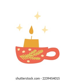 Christmas festive burning candle in red candlestick with print of spruce twig and snowflakes. Colorful vector isolated illustration hand drawn doodle. Winter holiday season, new year eve element card