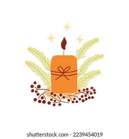 Christmas festive burning candle with spruce branches and holly berries. Colorful vector isolated illustration hand drawn doodle. Winter holiday season, new year eve, design element