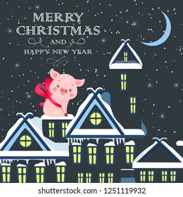 Christmas festive card design. Baby pig tied with bow on snow covered rooftop. Illustration can be used for banners, flyers, posters