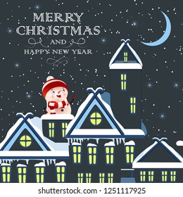 Christmas festive card design. Cute snowman pointing at text on snow covered city building rooftop. Illustration can be used for banners, flyers, posters