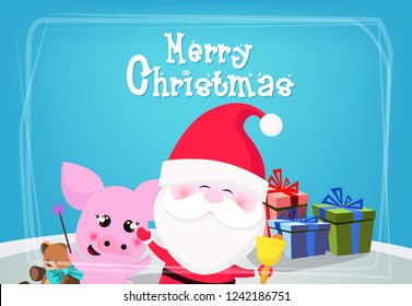 Christmas festive card design. Dancing Santa Claus, piggy, and gifts on blue background. Template can be used for flyers, banners, posters