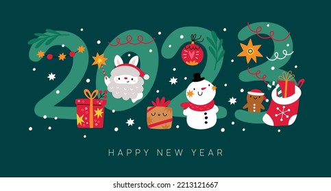 Christmas festive card flat illustration in flat style. New Year card design. Winter holidays greeting print with numbers and cute Christmas characters: Santa, Snowman, Gingerbread man, tree, gifts 